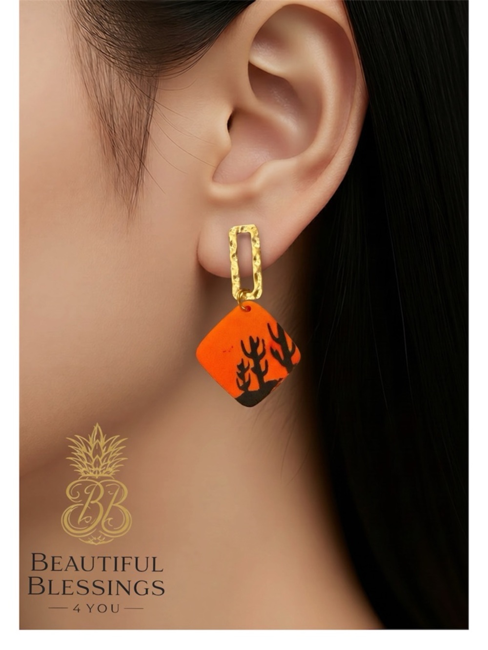 Crescent & June Handmade Orange Clay Dangle Earrings With Desert Stamp